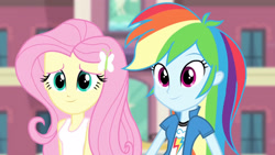 Size: 3072x1727 | Tagged: safe, screencap, fluttershy, rainbow dash, human, equestria girls, g4, my little pony equestria girls: rainbow rocks, canterlot high, clothes, cutie mark on clothes, duo, duo female, female, hairpin, smiling