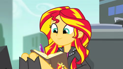 Size: 3072x1727 | Tagged: safe, screencap, sunset shimmer, human, equestria girls, g4, my little pony equestria girls: rainbow rocks, book, boots, clothes, cute, cutie mark on clothes, female, high heel boots, jacket, leather, leather jacket, shimmerbetes, shoes, solo, writing