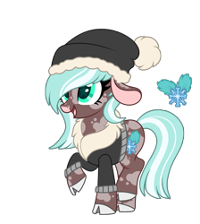 Size: 3173x3535 | Tagged: safe, artist:ashestoashkar, oc, oc only, oc:winter mint, cow, cow pony, big ears, clothes, cloven hooves, cutie mark, eyelashes, floppy ears, hat, high res, hooves, raised hoof, simple background, solo, spots, tail, transparent background, two toned mane, two toned tail, winter outfit