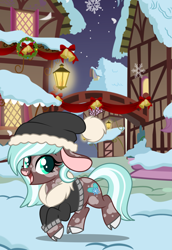 Size: 2307x3344 | Tagged: safe, artist:ashestoashkar, oc, oc only, oc:winter mint, cow, cow pony, big ears, clothes, cloven hooves, eyelashes, floppy ears, happy, hat, hearth's warming, high res, hooves, lantern, night, raised hoof, snow, snowflake, solo, spots, tail, trotting, two toned mane, two toned tail, winter, winter outfit, wreath