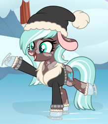 Size: 2292x2612 | Tagged: safe, artist:ashestoashkar, oc, oc:winter mint, cow, cow pony, big ears, clothes, cloven hooves, eyelashes, floppy ears, happy, hat, high res, hooves, ice, ice skating, raised hoof, skating, snow, spots, tail, two toned mane, two toned tail, winter, winter outfit