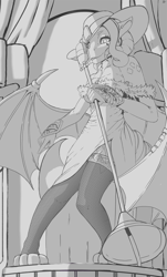 Size: 2894x4781 | Tagged: safe, artist:thereyk, oc, oc only, oc:tourmaline the dragoness, dragon, big tail, clothes, dragoness, ear piercing, earring, fancy, female, grayscale, hat, jewelry, microphone, monochrome, piercing, pose, singing, socks, solo, spread wings, tail, thigh highs, wings