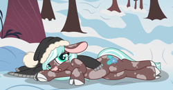 Size: 4365x2277 | Tagged: safe, artist:ashestoashkar, oc, oc only, oc:winter mint, cow, cow pony, big ears, clothes, cloven hooves, draw me like one of your french girls, eyelashes, floppy ears, happy, hat, hooves, looking at you, lying down, raised hoof, snow, solo, spots, staring at you, tail, tree, two toned mane, two toned tail, winter, winter outfit