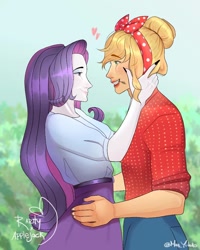 Size: 810x1012 | Tagged: safe, artist:lalidraws, applejack, rarity, human, equestria girls, g4, duo, duo female, female, floating heart, grin, heart, lesbian, lipstick, looking at each other, looking at someone, masculine, ship:rarijack, shipping, smiling