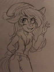 Size: 4032x3024 | Tagged: safe, artist:cyberf41ry, oc, oc:winter mint, cow, cow pony, anthro, big ears, clothes, eyelashes, floppy ears, hat, pants, spots, traditional art, waving, winter outfit