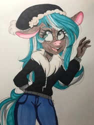 Size: 3024x4032 | Tagged: safe, artist:cyberf41ry, oc, oc only, oc:winter mint, cow, cow pony, anthro, big ears, clothes, colored, eyelashes, floppy ears, hat, pants, solo, spots, tail, traditional art, two toned mane, two toned tail, watermark, waving, winter outfit