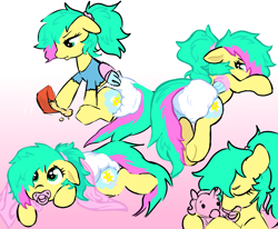 Size: 2115x1742 | Tagged: safe, artist:onc3l3rphobix, oc, oc only, pegasus, pony, adult foal, blanket, collage, diaper, diaper fetish, female, fetish, gradient background, infantilism, lying down, mare, non-baby in diaper, pacifier, plushie, prone, sitting, solo