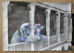 Size: 3571x2584 | Tagged: safe, artist:reddthebat, oc, oc only, oc:selena (reddthebat), unnamed oc, bat pony, pegasus, pony, armor, bat pony oc, duo, duo female, female, guardsmare, high res, looking at each other, looking at someone, mare, open mouth, open smile, partially open wings, pegasus oc, royal guard, smiling, smiling at each other, traditional art, watercolor painting, wings