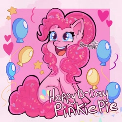Size: 2066x2066 | Tagged: safe, artist:stormagedoom, pinkie pie, earth pony, pony, g4, balloon, female, happy birthday, heart, high res, mare, open mouth, open smile, passepartout, sitting, smiling, solo, stars