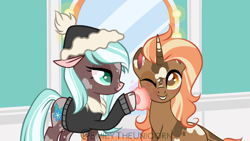 Size: 1280x720 | Tagged: safe, artist:emilytheunicorn, oc, oc:spotty lionmane, oc:winter mint, cow, cow pony, pony, unicorn, clothes, cousins, eyelashes, floppy ears, indoors, leonine tail, makeup, mirror, smiling, spots, tail, two toned mane, two toned tail, watermark, winter outfit
