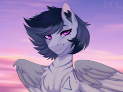 Size: 2160x1620 | Tagged: safe, artist:enderbee, oc, oc only, oc:engel, pegasus, pony, blue hair, bust, female, folded wings, mare, portrait, short hair, simple background, smiling, solo, wings