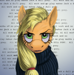 Size: 1260x1275 | Tagged: safe, artist:corevaluesart, applejack, earth pony, pony, g4, all work and no play makes jack a dull boy, clothes, female, jack torrance, kubrick stare, solo, text, the shining, turtleneck