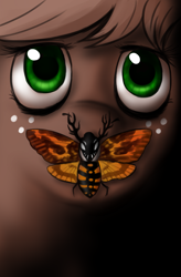 Size: 1725x2625 | Tagged: safe, artist:jitterbugjive, applejack, earth pony, insect, pony, ask crapplejack, g4, female, freckles, looking at you, movie poster, parody, silence of the lambs, solo