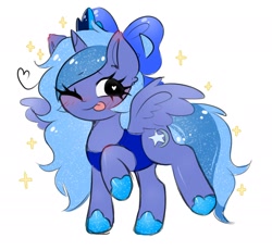 Size: 2392x2196 | Tagged: safe, artist:arwencuack, oc, oc only, oc:lulu star moonie, alicorn, pony, :p, alicorn oc, alternate cutie mark, blushing, cute, female, heart, heart eyes, high res, horn, kinsona, looking at you, lunabetes, mare, not luna, one eye closed, raised hoof, raised leg, simple background, smiling, smiling at you, solo, sparkles, spread wings, tongue out, white background, wingding eyes, wings, wink, winking at you