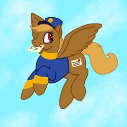 Size: 750x750 | Tagged: safe, artist:honeydonkey777, swift reply, pegasus, pony, g4, blue background, clothes, female, flying, hat, letter, mare, mouth hold, red eyes, simple background, solo, spread wings, uniform, wings
