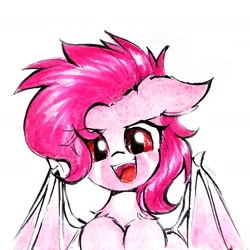 Size: 1638x1639 | Tagged: safe, artist:liaaqila, pinkie pie, bat pony, pony, g4, bat ponified, bat wings, commission, fangs, female, looking at you, mare, open mouth, open smile, pinkiebat, race swap, red eyes, signature, simple background, smiling, solo, traditional art, white background, wings
