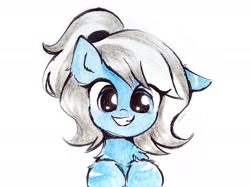 Size: 1891x1418 | Tagged: safe, artist:liaaqila, oc, oc only, pony, female, grin, looking at you, mare, one ear down, signature, simple background, smiling, smiling at you, solo, traditional art, white background
