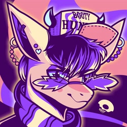 Size: 3600x3600 | Tagged: safe, artist:poxy_boxy, oc, oc only, pony, abstract background, bust, commission, ear piercing, earring, hat, high res, jewelry, limited palette, looking at you, novelty glasses, piercing, smiling, smiling at you, solo, sunglasses, trucker hat