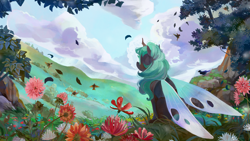 Size: 3840x2160 | Tagged: safe, artist:wolfiedrawie, oc, oc only, bird, changeling, changeling oc, commission, flower, high res, leaves, meadow, scenery, sky, solo