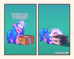 Size: 1280x1024 | Tagged: safe, artist:frank3dz, izzy moonbow, pony, unicorn, g5, 2 panel comic, box, comic, dialogue, female, futurama, glowing, glowing horn, gradient background, horn, magic, magic aura, male, mare, reference to another series, solo