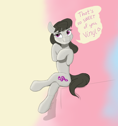 Size: 1686x1794 | Tagged: safe, artist:shpinat9, octavia melody, earth pony, pony, g4, concave belly, cute, female, implied vinyl scratch, mare, simple background, sitting, solo, speech bubble, tavibetes