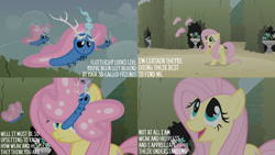 Size: 2000x1125 | Tagged: safe, edit, edited screencap, editor:quoterific, screencap, discord, fluttershy, butterfly, pegasus, pony, g4, the return of harmony, female, hedge maze, mare, pink mane, pink tail, tail, wings, yellow coat