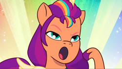 Size: 2160x1215 | Tagged: safe, screencap, sunny starscout, alicorn, pony, g5, mission imponable, my little pony: tell your tale, spoiler:g5, spoiler:my little pony: tell your tale, spoiler:tyts01e49, :o, artificial horn, artificial wings, augmented, cute, female, mane stripe sunny, mare, open mouth, race swap, solo, sunnybetes, sunnycorn, wings