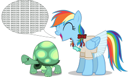 Size: 2739x1659 | Tagged: safe, artist:sersys, rainbow dash, tank, pegasus, pony, tortoise, g4, ^^, alternate hairstyle, annoyed, annoying, backslash, bow, bowtie, clothes, eyes closed, female, mare, reference, sailor uniform, simple background, skirt, speech bubble, text, transparent background, uniform