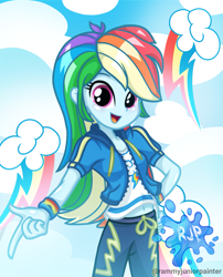 Size: 2015x2490 | Tagged: safe, artist:rjp.rammy, rainbow dash, human, equestria girls, equestria girls series, g4, belly button, blushing, clothes, cute, cutie mark on clothes, dashabetes, female, hand on hip, high res, hoodie, jacket, looking at you, midriff, open mouth, open smile, pants, shirt, signature, smiling, smiling at you, solo, sweatpants, t-shirt