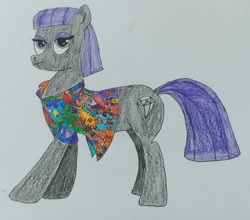 Size: 1080x951 | Tagged: safe, artist:pashkek, maud pie, alien, earth pony, frog, pony, g4, blue eyes, button, buttons, clothes, colored, colorful, colorful shirt, drugs, eyeshadow, frown, grey fur, hawaiian shirt, heart, hippie, makeup, marijuana, mushroom, peace sign, pencil drawing, photo, pie family, purple eyeshadow, purple mane, purple tail, rock, shirt, tail, text, traditional art