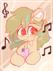 Size: 1000x1333 | Tagged: safe, artist:grithcourage, oc, oc only, oc:grith courage, earth pony, pony, bust, cute, ear fluff, earbuds, female, iphone, listening to music, music notes, phone, portrait, simple background, smartphone, solo