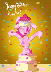 Size: 1240x1754 | Tagged: safe, artist:ace play, pinkie pie, earth pony, pony, g4, belly, bipedal, birthday, birthday cake, cake, candle, chest fluff, concave belly, confetti, eyes closed, female, food, mare, open arms, open mouth, open smile, pinkie being pinkie, smiling, solo