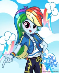 Size: 1080x1335 | Tagged: safe, alternate version, artist:rjp.rammy, rainbow dash, human, equestria girls, g4, my little pony equestria girls: better together, belly button, blushing, clothes, cutie mark on clothes, female, hand on hip, hoodie, looking at you, open mouth, open smile, signature, smiling, smiling at you, solo