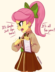 Size: 2107x2752 | Tagged: safe, artist:maren, posey bloom, human, equestria girls, g4, g5, angry, bow, clipboard, clothes, dialogue, dress, ear piercing, earring, equestria girls-ified, female, g5 to equestria girls, g5 to g4, generation leap, hair bow, high res, jewelry, open mouth, petition, piercing, ponytail, posey can't catch a break, simple background, white background, yelling