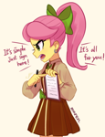Size: 2107x2752 | Tagged: safe, artist:maren, posey bloom, human, equestria girls, g5, angry, bow, clipboard, clothes, dialogue, dress, ear piercing, earring, equestria girls-ified, female, hair bow, jewelry, open mouth, petition, piercing, ponytail, posey can't catch a break, simple background, white background, yelling