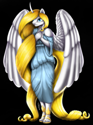 Size: 1327x1770 | Tagged: safe, artist:emmaneiac, oc, oc only, oc:white hope, alicorn, anthro, plantigrade anthro, alicorn oc, anthro oc, black background, blonde, blue eyes, clothes, commission, dress, female, horn, mare, sandals, simple background, solo, wings