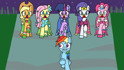 Size: 1920x1080 | Tagged: safe, artist:platinumdrop, applejack, fluttershy, pinkie pie, rainbow dash, rarity, twilight sparkle, pegasus, pony, 28 pranks later, g4, the best night ever, clothes, cookie zombie, dress, female, gala dress, mane six, mare, pink mane, pink tail, request, tail, wings, yellow coat