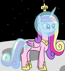 Size: 1184x1291 | Tagged: safe, artist:platinumdrop, princess cadance, alicorn, pony, g4, cadance's crown on top of helmet, cropped, crown, female, folded wings, hoof shoes, jewelry, mare, moon, regalia, solo, space helmet, tail helmet, tiara, wings