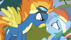 Size: 2001x1125 | Tagged: safe, screencap, rainbow dash, spitfire, pegasus, pony, g4, newbie dash, angry, bandage, clothes, duo, face to face, female, goggles, looking at each other, looking at someone, mare, smiling, uniform, wonderbolts, wonderbolts uniform