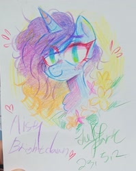 Size: 1283x1615 | Tagged: safe, artist:jully-park, misty brightdawn, pony, unicorn, g5, alternate hair color, alternate hairstyle, blushing, colored pencil drawing, female, freckles, mare, rebirth misty, solo, traditional art