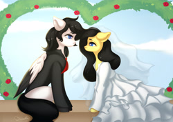 Size: 3508x2480 | Tagged: safe, artist:ottava, oc, oc only, earth pony, pegasus, pony, clothes, dress, female, high res, looking into each others eyes, male, mare, marriage, oc x oc, shipping, stallion, straight, wedding, wedding dress