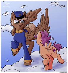 Size: 1080x1169 | Tagged: safe, artist:theunholydika, scootaloo, swift reply, pegasus, pony, g4, clothes, cloud, duo, female, filly, foal, hat, letter, mare, rectangular pupil, signature, sky background, spread wings, trotting, uniform, vulgar description, wings