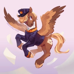Size: 1080x1080 | Tagged: safe, artist:regularcitrus, swift reply, pegasus, pony, g4, blonde, clothes, female, flying, hat, letter, mare, mouth hold, red eyes, signature, simple background, solo, spread wings, uniform, wings