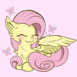 Size: 800x800 | Tagged: safe, artist:starcasteclipse, fluttershy, pegasus, pony, g4, :3, behaving like a bird, blushing, cheek fluff, chest fluff, cute, daaaaaaaaaaaw, ear fluff, eyes closed, female, flutterbird, happy, lying down, mare, pink background, shyabetes, signature, simple background, smiling, solo, wing fluff, wings