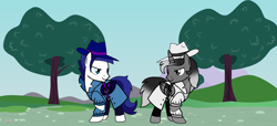 Size: 10456x4777 | Tagged: safe, artist:muhammad yunus, artist:rumblemlpatarster, oc, oc only, oc:aldrin, oc:jvla, alicorn, pegasus, pony, base used, clothes, detective, duo, duo male, male, tree