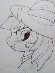 Size: 3072x4096 | Tagged: safe, artist:public mistake, daring do, pegasus, pony, g4, bust, female, grayscale, grin, looking back, mare, monochrome, pencil drawing, smiling, solo, traditional art, wip