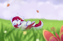 Size: 2500x1618 | Tagged: safe, artist:stesha, oc, oc only, oc:red wine, butterfly, pegasus, pony, colored wings, cute, digital art, floppy ears, high res, pegasus oc, solo, tail, two toned hair, two toned mane, two toned tail, two toned wings, wings