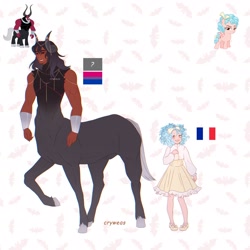 Size: 2048x2048 | Tagged: safe, artist:cryweas, cozy glow, lord tirek, centaur, human, pegasus, pony, taur, g4, abs, alternate hairstyle, bisexual pride flag, bow, bracer, child, clothes, cloven hooves, dress, duo, female, france, french, grin, hair bow, high res, humanized, jewelry, male, muscles, necklace, nose piercing, nose ring, nudity, piercing, pride, pride flag, reference sheet, sheath, simple background, smiling, unshorn fetlocks, white background