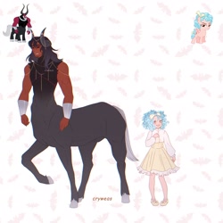Size: 2048x2048 | Tagged: safe, alternate version, artist:cryweas, cozy glow, lord tirek, centaur, human, pegasus, pony, taur, g4, abs, alternate hairstyle, bow, bracer, child, clothes, cloven hooves, dress, duo, female, grin, hair bow, high res, humanized, jewelry, male, muscles, necklace, nose piercing, nose ring, nudity, piercing, reference sheet, sheath, simple background, smiling, unshorn fetlocks, white background
