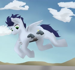 Size: 4045x3792 | Tagged: safe, artist:stemtex477, artist:yo tengo, soarin', pegasus, pony, g4, anatomically incorrect, chest fluff, flying, incorrect leg anatomy, male, small wings, solo, wings